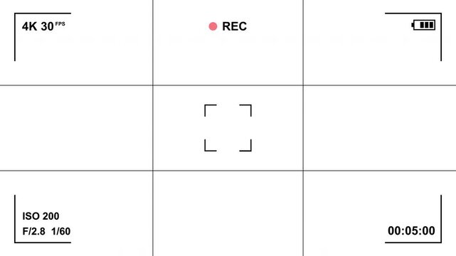 Video Camera Recording Screen Overlay with Rule of Thirds Grid and Alpha Channel on Transparent Background, Digital Timer Display