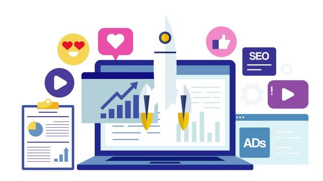 A person analyzes data on a laptop surrounded by social media icons and graphs in a digital workspace.