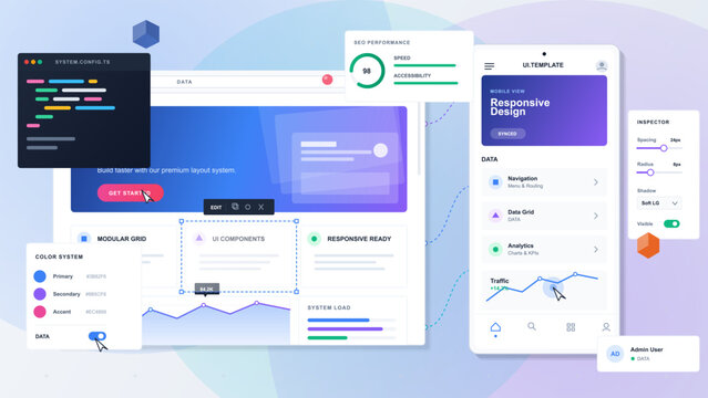 The design shows a responsive website layout with various sections for data analytics, UI components, and system controls. Colors, graphs, and layout elements are visible.