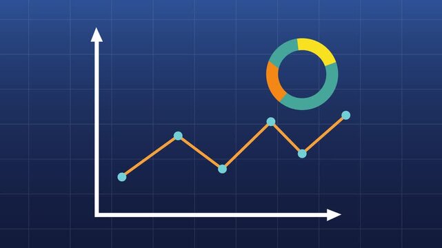 A line graph displays an upward trend with a pie chart on a grid background.
