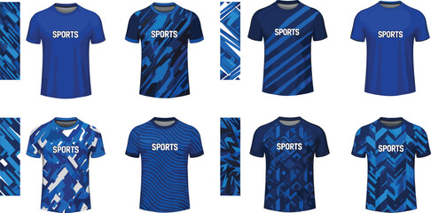Set of blue sports jersey t-shirt designs with various geometric and abstract patterns for team uniform mockup isolated on white background vector illustration © Shefali