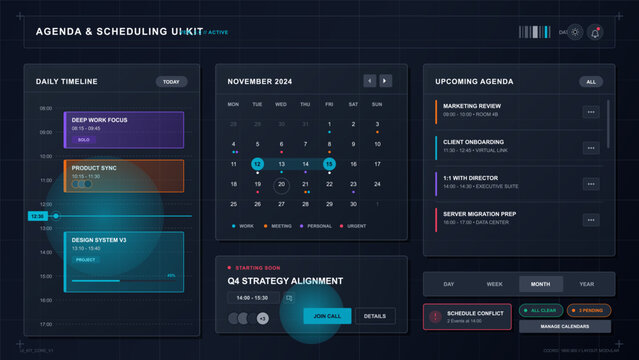Dark futuristic agenda scheduling dashboard with daily timeline, monthly calendar, upcoming agenda cards, neon accents, and modular UI panels