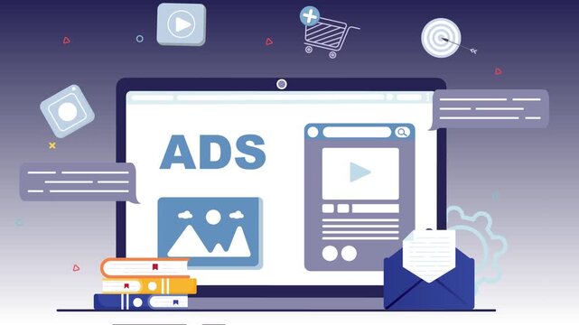 Online advertisements displayed on laptop screen with various icons
