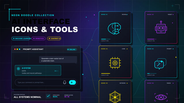 Futuristic neon AI interface dashboard with prompt assistant panel, connected node cards, cybernetic brain, robot, chip and vision icons.