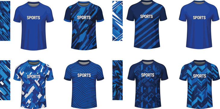 Set of blue sports jersey t-shirt designs with various geometric and abstract patterns for team uniform mockup isolated on white background vector illustration