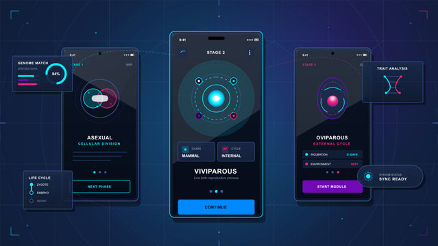 Futuristic dark biology mobile app screens showing reproductive stages, genome match, trait analysis, life cycle panels, and neon cell diagrams