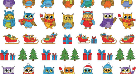 Naklejka premium Christmas Owl Pattern Set with Cute Winter Birds Gifts Sleighs and Trees Seamless Vector Collection for Holiday Wrapping Paper and Festive Design