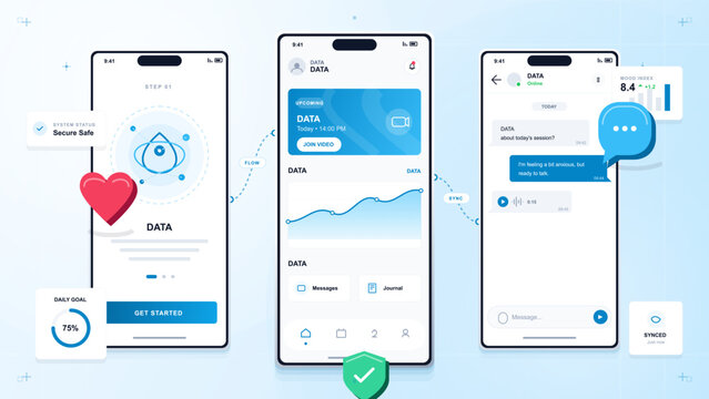 Clean mental wellness app interface with three mobile screens, heart icon, secure shield, chat session, mood chart and daily goal widgets.