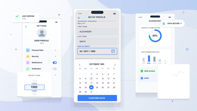Age verification profile setup vector interface with mobile screens, birth date calendar, settings panel, dashboard charts and secure data badges.