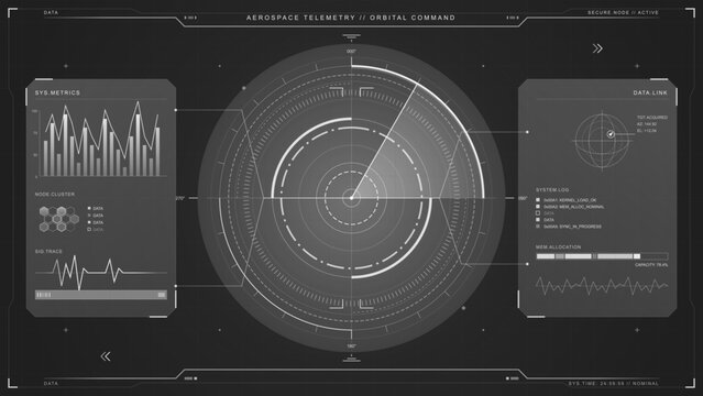 Monochrome aerospace telemetry dashboard with circular orbital radar display, data charts, system logs and futuristic HUD grid interface.