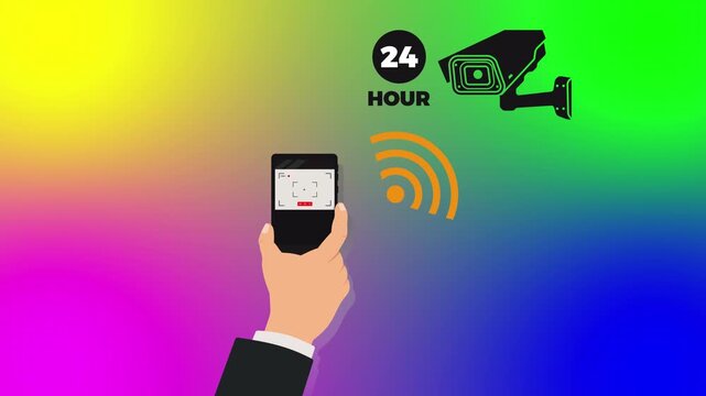 A person uses a smartphone to control a 24-hour security camera with a wifi signal.
