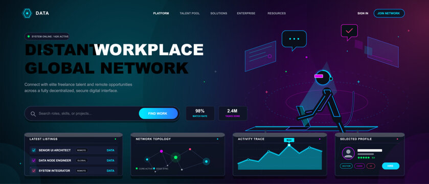 Futuristic remote work network landing page with neon dashboard cards, search bar, profile panel, analytics charts, and walking tech figure