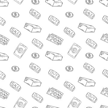 shopping pattern. online shopping seamless pattern. doodle digital shopping seamless pattern background