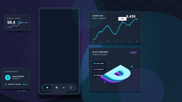 Futuristic learning app dashboard with blank smartphone mockup, progress charts, score panel, and neon isometric UI component on dark grid.