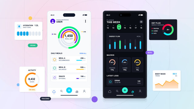 Mobile nutrition tracking app interface with calorie dashboard, meal planner, macro charts, hydration, activity and body mass cards on pastel grid