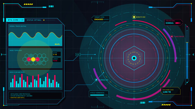 Futuristic sci fi HUD interface with circular radar target display, signal trace, node topology, bar metrics and neon data panels on dark grid