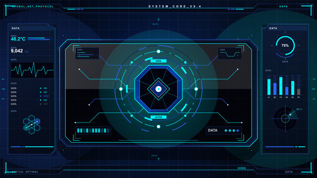 Futuristic blue and cyan HUD dashboard with circular core display, data panels, charts, and technical grid lines on dark interface screen