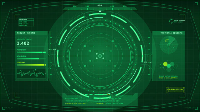Green futuristic tactical HUD interface with circular targeting radar, thrust metrics, sensor panel, shield matrix and dark grid display.