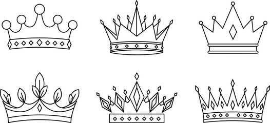 Set of elegant crown line art icons, royal king and queen tiara outline collection for logo, branding, tattoo, and decorative design use © Sajjat