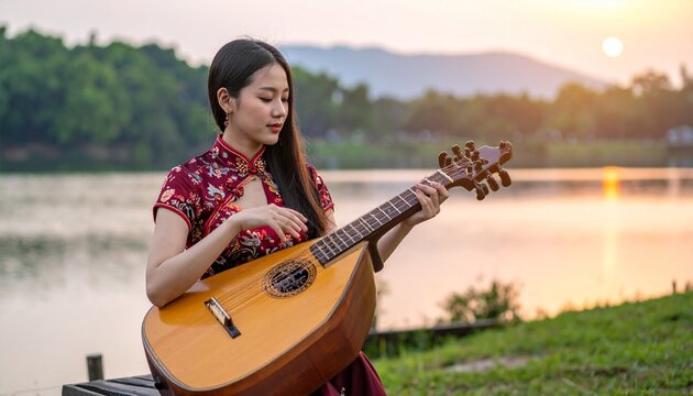 Asian woman serenades lakeside with traditional stringed instrument.
