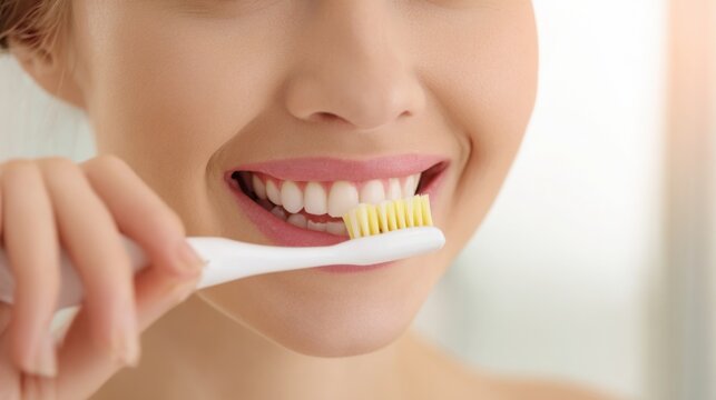 Close up portrait of smiling girl brushing teeth, bright bathroom light, clean environment, clear and action, concept of daily hygiene habit, minimal