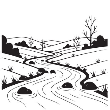 Winding river flowing through a hilly landscape with bare trees, isolated on white background, black and white vector illustration