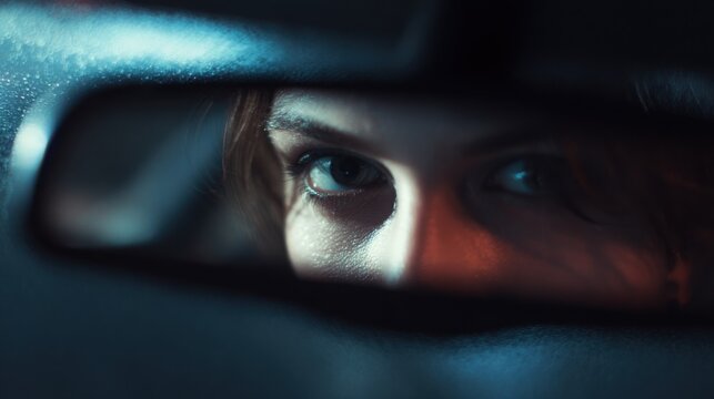 driver eyes in rearview mirror tired focused expression night driving atmosphere subtle emotion realistic detail