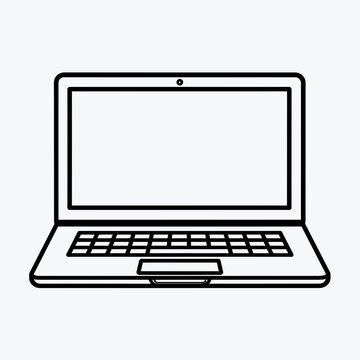 A simple icon of a laptop computer is open on a desk