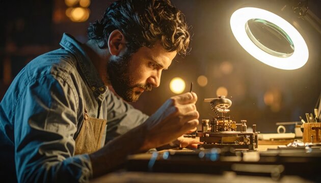 Skilled watchmaker meticulously repairing intricate clockwork mechanism under focused lamp light