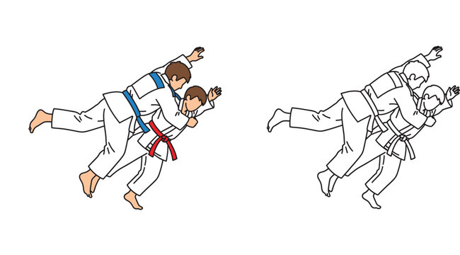 Judo Martial Arts Athletes Performing a Throw Technique Set of Color and Line Art Illustrations for Sports Training Competition and Coloring Book Isolated on White Background