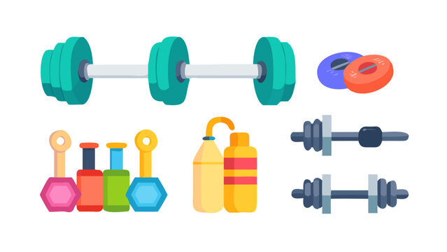 Fitness Gym Workout Exercise Equipment Icon Set Flat Vector Illustration Isolated Colorful Collection
