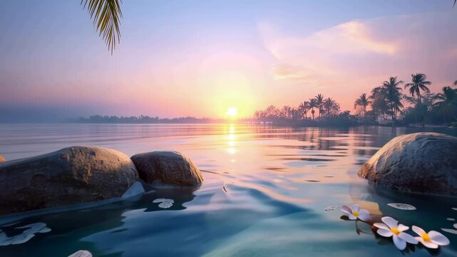 frangipani flowers float in infinity pool on tropical seascape animation
