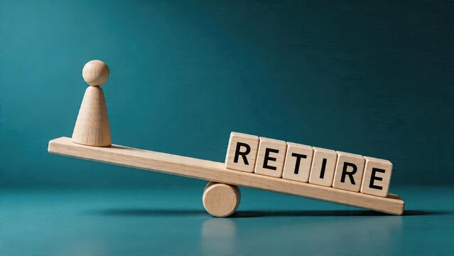 Business man figurine on seesaw with letter blocks spelling RETIRE concept of retirement planning worklife balance pension age strategy and future financial security blue