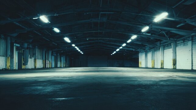 fluorescent lights inside large industrial hangar cold tones empty space atmospheric realism