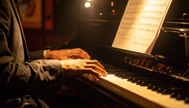 Closeup of hands playing piano with sheet music illuminated by warm light jazz performance