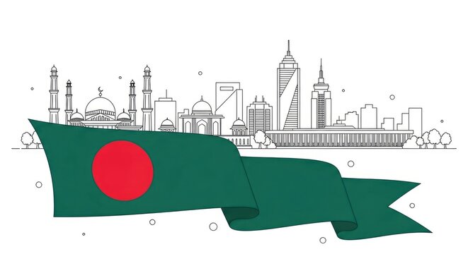 Bangladesh flag with city skyline a national symbol and urban landscape