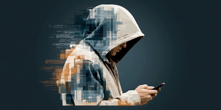 Hooded hacker figure dissolving into source code and data fragments while using smartphone on dark teal background illustration