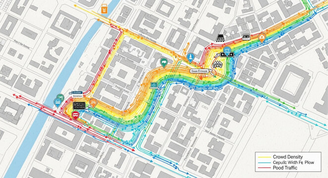 City map with traffic flow visualization and data overlay.
