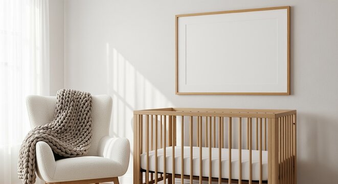 Nursery room with wooden baby crib and empty picture frame