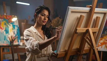 Fototapeta premium Young female artist painting on canvas in a studio creative process focused on art