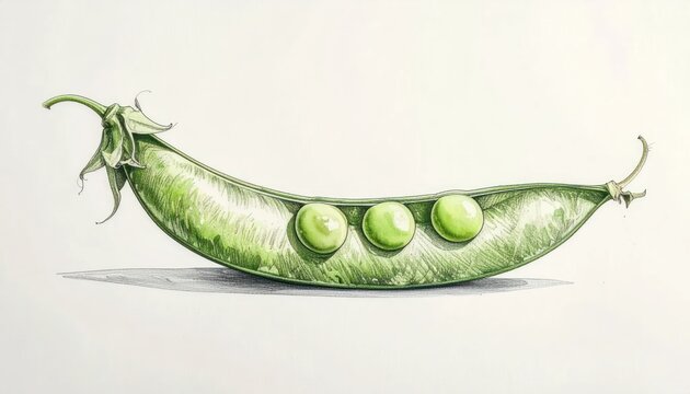 Detailed illustration of a single green pea pod with three ripe peas isolated on white