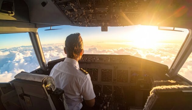 Pilot in cockpit flying above clouds at sunset with sun flare and instruments