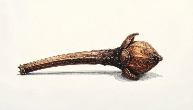 Detailed botanical illustration of a single dried clove spice with stem and calyx