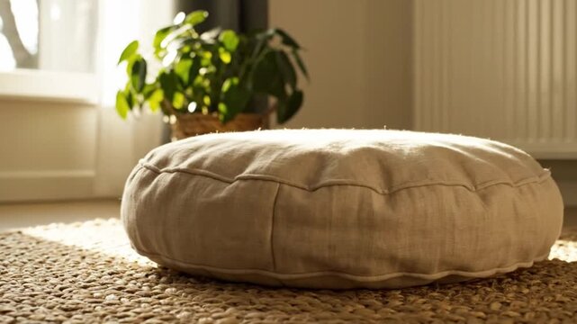 Soft round cushion on woven rug with sunlight illuminating indoor plant in cozy room