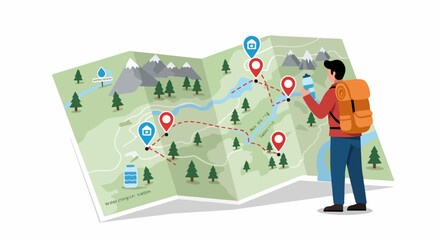 Hiker planning a mountain trek using a detailed paper map with marked trail routes and location pins. © Nafa Project