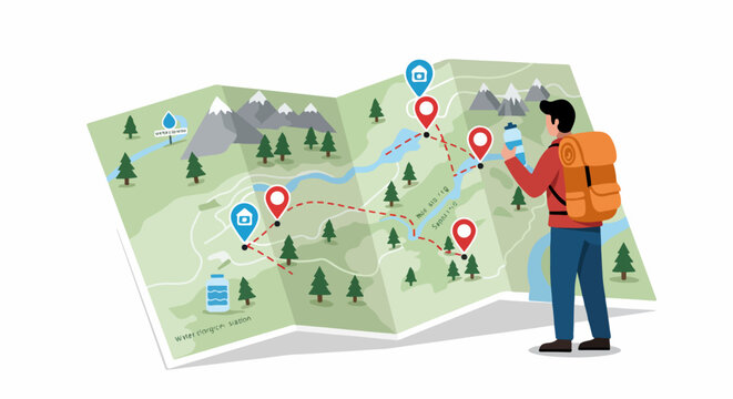 Hiker planning a mountain trek using a detailed paper map with marked trail routes and location pins.