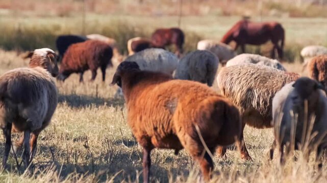 sheep herd grazing wide shot showing animals spread across dry field, rural farming scene for livestock production, land use management and sustainable agriculture with natural behavior