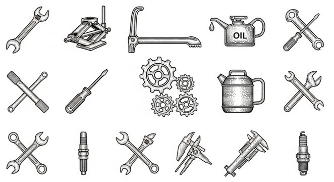 Collection of vintage mechanical tools and parts illustration.
