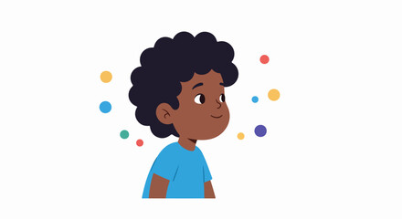 Fototapeta premium Cute cartoon illustration of a young African-American boy with curly hair looking sideways surrounded by colorful dots on a white background.