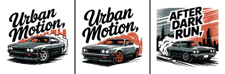 Retro style illustrations featuring sports cars drifting through the busy city night streets © Vectyx